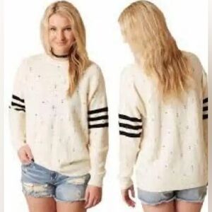 Gilded Intent Cream Scoop Neck Distressed Oversized Sweater w/ Black Stripes